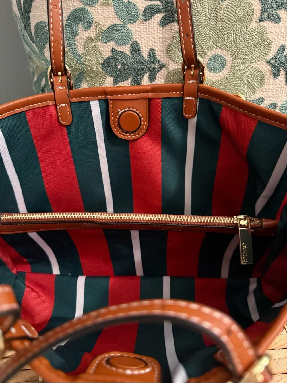 Beige GG Supreme Canvas Tote with Brown Leather Trim